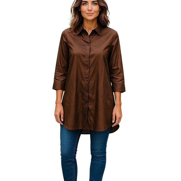 Boho Chic Long tunic Shirt Top Button Front Shirt Brown Women's Medium - Picture 1 of 9
